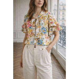 Sugarlips Floral Tie Neck Blouse Top Small Ruffle Sleeve Cottagecore Boho